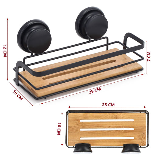 2 Pack Rectangular Bamboo Corner Shower Caddy Shelf Basket Rack with Premium Vacuum Suction Cup No-Drilling for Bathroom and Kitchen